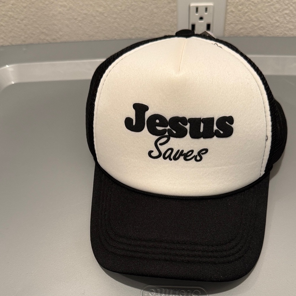 Black and White Trucker Hat with 'Jesus Saves'